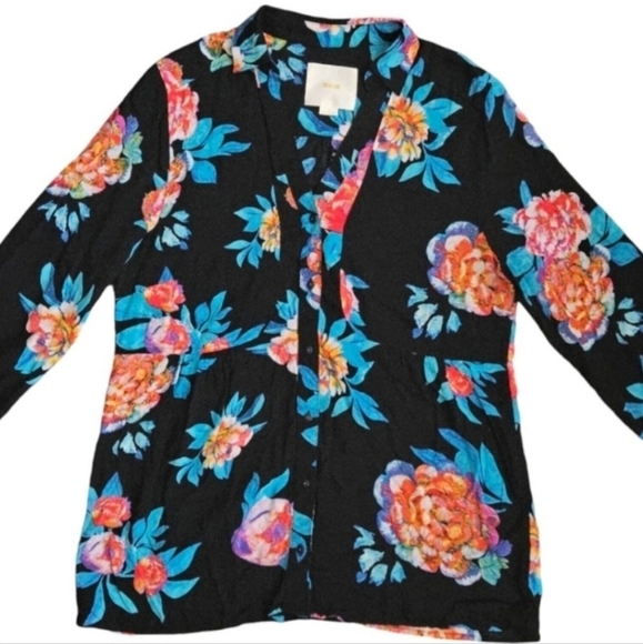 Maeve Woodland Walk Black Floral Button Down Blouse Women's Size 12 - Picture 5 of 7